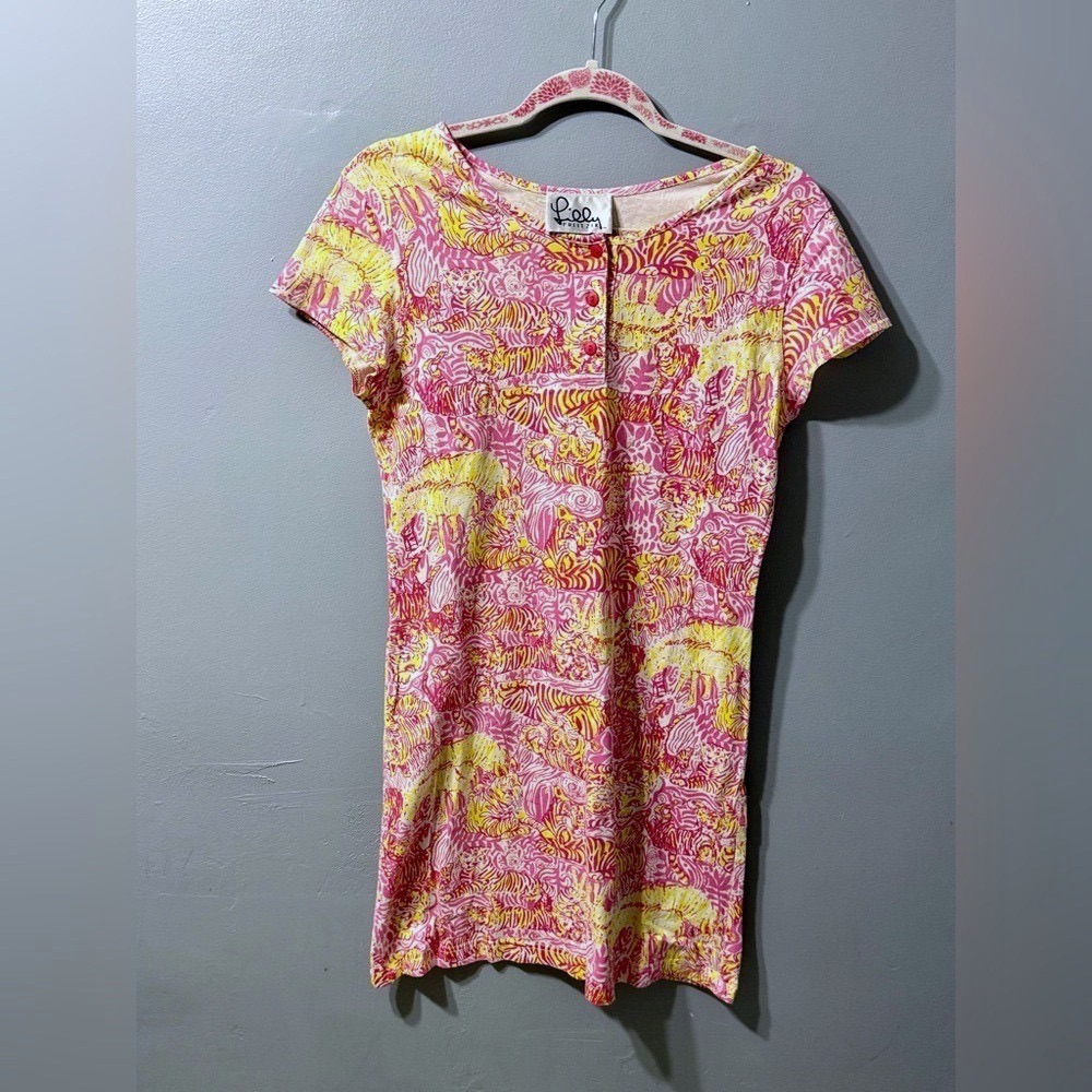 Lilly Pulitzer Vintage Safari Print T-Dress Orange Pink Womens Small Pima Cotton